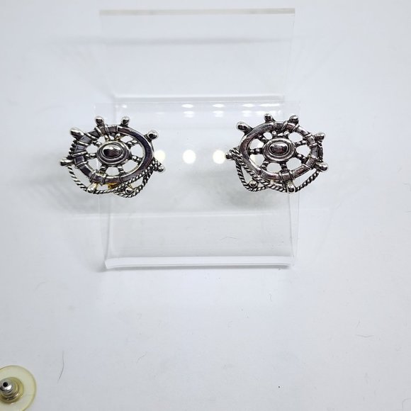 Vintage "MJ" Marie Jennifer Nautical Ship Wheel Rope Silver Pierced Earrings NOS - Picture 9 of 11